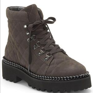 New Vince camuto Maissa Quilted Leather Lug Sole Hiker Boots grey leather